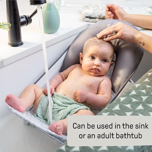 Ingenuity Foldaway 2-Position Baby Bath Seat, Adjustable Support for Sink or Bathtub, Ages 0-6 Months up to 20 Pounds, Machine-Washable Sling