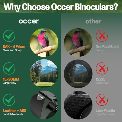 15x30 Compact Binoculars for Adults and Kids - Occer Large View High Powered Binoculars for Bird Watching - Lightweight Easy Focus Binocs with Low Light Vision for Hunting Cruise Ship Travel