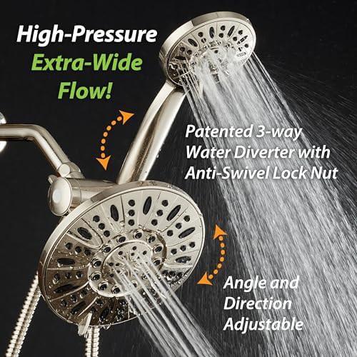 AquaDance 7" Premium High Pressure 3-Way Rainfall Combo with Stainless Steel Hose – Enjoy Luxurious 6-setting Rain Shower Head and Hand Held Shower Separately or Together – Brushed Nickel Finish