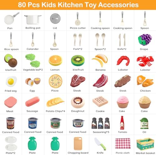 80Pcs Kitchen Playset, Toddler Pretend Cooking with Pots, Pans, Cookware, Food, Picnic Blanket, Fruits, Veges, Shopping Storage Basket, Dessert, Learning Gift for Girls Boys (White)