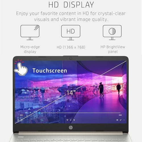 HP Touchscreen Laptop Computer for College Student Home Study, 1-Year Office, 16GB RAM, 512GB PCIe SSD, Intel Processor, 14 inch, WiFi 6, Bluetooth, HDMI, Windows 11 Home S, Pale Gold