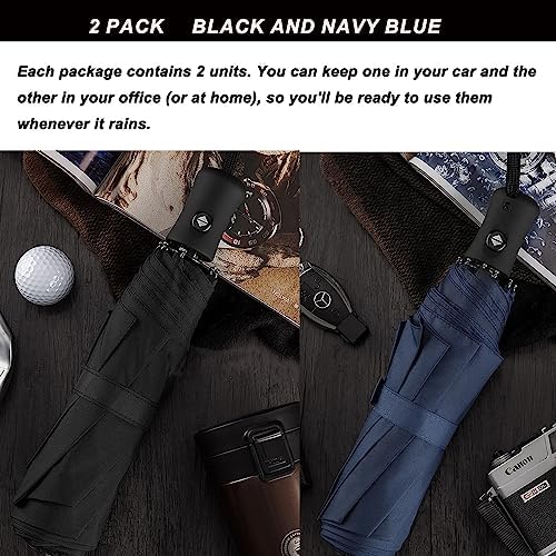 SIEPASA Two Pack The Original Portable Travel Umbrella for Rain Windproof, Perfect Car Golf Umbrella, Backpack, and On-the-Go.(Black & Navy Blue, 2 Pack)