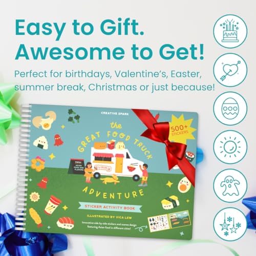 CUPKIN Sticker Book for Kids 2-4, 500+ Kids Stickers, Food Truck Adventure 12 Coloring Pages 12 Side by Side Scenes Fun Toddler Travel Activity Coloring and Sticker Books for Ages 4-8 + 8-10