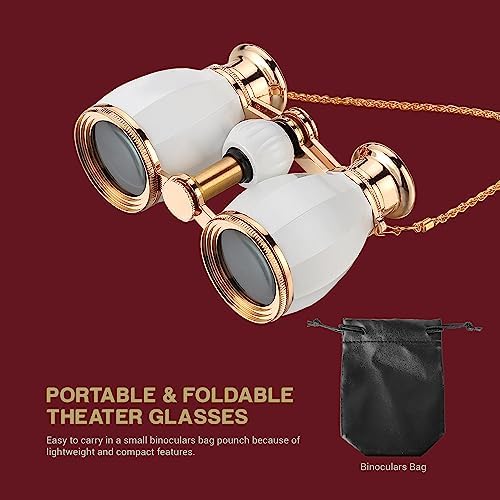 ESSLNB Opera Glasses Binoculars for Women Adults 4X30mm Theater Glasses Compact Binoculars for Theater and Concerts Antique with Case Removable Chain White