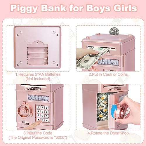 Refasy Piggy Bank Cash Coin Can ATM Bank Electronic Coin Money Bank for Kids Age 3-12, Money Savings Box Mini ATM Coin Bank Toys Gifts for 3 4 5 6 7 8 9 10 11 12 Year Old Boys Girls