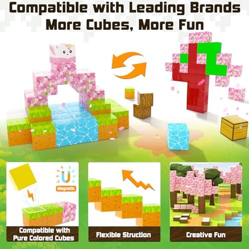 Magnetic Blocks - Build Mine Magnet World Cherry Blossom Set, Magnetic Tiles Building STEM Toys for Boys & Girl Kids Toddler Toys for 3+ Years Old