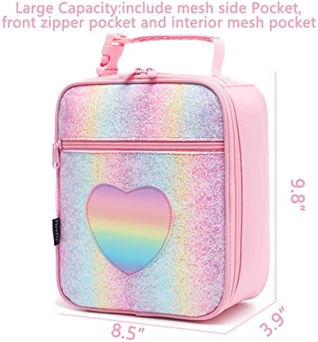 FlowFly Kids Lunch box Insulated Soft Bag Mini Cooler Back to School Thermal Meal Tote Kit for Girls, Boys, Glitter-RainBow