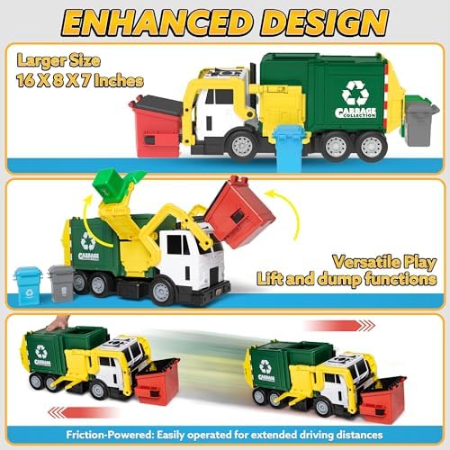 JOYIN Large Friction Powered Garbage Truck Toy Set, Includes Dumpster, Trash Bins, and Learning Cards for Kids, Boy Toys Birthday Gift for Boys Girls Kids Toddler