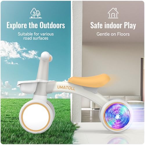Umatoll Colorful Lighting Baby Balance Bike Toys for 1 Year Old Boys Gifts, Adjustable Seat Baby Walker, One Year Old Boy Birthday Gifts, 12-24 Months Toddler First Ride on Toys