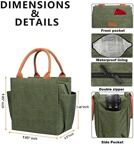 Joymee Lunch Bag Women Insulated Lunch Box Reusable Leakproof Large Spacious Cooler Tote for Womens Mens Adults with Bottle Holder and Side Pockets for Work Office Travel Picnic - Green