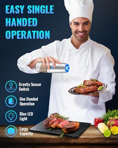 Rechargeable Electric Pepper and Salt Grinder Set, No Battery Needed, whit Gravity Sensing Switch and LED Light, One Hand Automatic Operation, Sliver 2 Pack