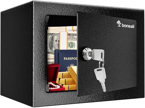 Bonsaii Safe Box with Key Lock, Steel Security Lock Box, 0.23 Cubic Feet, 9.06" W x 6.69" D x 6.69" H, Small Hidden Safe for Cash Jewelry