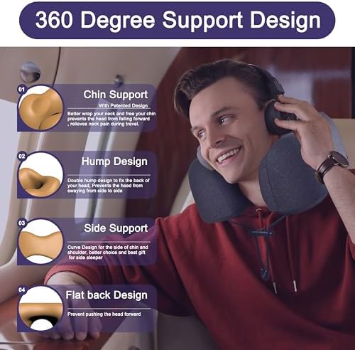 napfun Travel Pillow, Travel Accessories & Travel Essentials for Airplane Upgraded 100% Pure Memory Foam Travel Neck Pillow for Flight Headrest Sleep, Portable Plane Necessities, Full Black