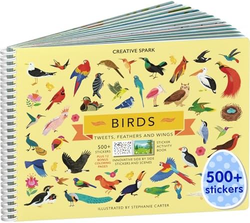 Cupkin Bird Sticker Book Activity for Kids, Toddler Airplane Travel Essentials, 500+ Parrot Stickers + 12 Scenes + 12 Coloring Book Pages, Bird Lover Kids Gift, Kid Crafts for Ages 2-8