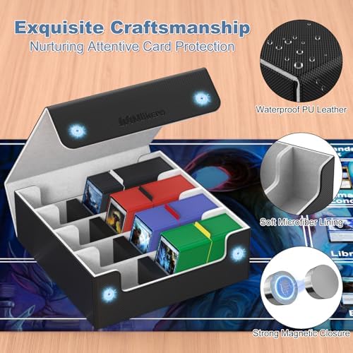 Mlikero Card Deck Case, 2400+ Trading Card Storage Box with 10 Colorful Dividers and 4 Foam Stoppers, Leather Magnetic Closure Commander Deck Box Fit for MTG, TCG (4 Rows, Black&Grey)