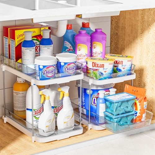 Delamu 2 Sets of 2-Tier Multi-Purpose Bathroom Under Sink Organizers and Storage, Stackable Kitchen Pantry Organization, Pull Out Medicine Cabinet Organizer with 8 Movable Dividers