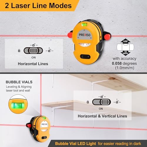 PREXISO Multi Surface Laser Level LED Light Vial, 30Ft Horizontal & Vertical Line Laser with Wall Mount Base, 2 Pins, 10 Sticker, 2 AA Batteries for Hanging Frames & Picture, Construction Wall Writing