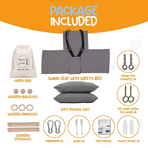 Indoor Outdoor Baby Swing with 3-Point Harness and Hardware for Ceiling, Porch, Doorway, Canvas Baby Swing Outdoor Toddler Swing Seat Dark Gray