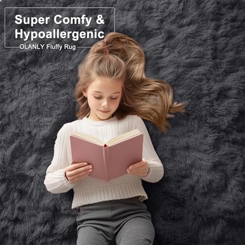 OLANLY Area Rugs for Living Room Bedroom, Machine Washable 4x5.9 ft Soft Fluffy Shaggy Bedside Rug, Indoor Floor Carpet for Kids Girls and Boys, Dorms, Nursery Rooms, Home Decor Aesthetic, Black