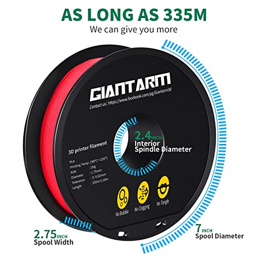 GIANTARM 3D Printer Filament, Red Pla Filament, 1Kg(2.2lbs) Spool, 1.75mm Dimension Accuracy +/- 0.03mm, 3D Printing Filament