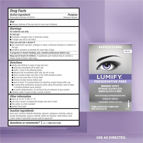 LUMIFY Redness Reliever Preservative Free Eye Drops, 20 Single Use Vials, Fast Acting, Only PF Drop for Whiter & Brighter Looking Eyes, Relieves Red Eyes, Works in 1 Min, Lasts Up to 8 Hours