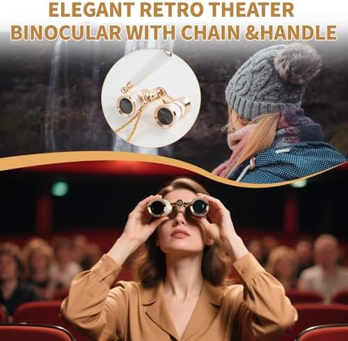3X25 Opera Glasses for Women with Adjustable Handle & Chain,BK7 Optical Lens, Vintage Compact Mini Theater Binoculars Adults Kids in Opera Musical Concert-White