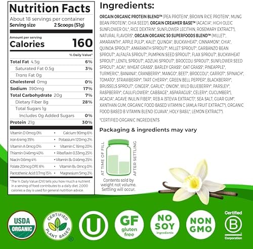 Orgain Organic Vegan Protein + 50 Superfoods Powder, Vanilla Bean - 21g Plant Based Protein, 8g Prebiotic Fiber, No Lactose Ingredients, Gluten Free, No Added Sugar, Non-GMO, 2.02 lb