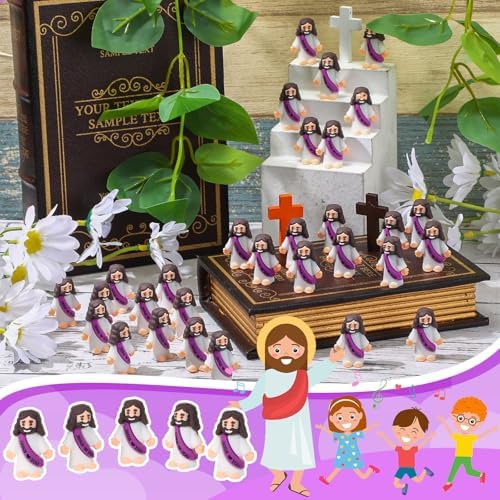 Bememo 100 Pcs Little Jesus Figures Jesus Loves You Original Design Rubber Pocket Toys Little Figures to Hide and Seek Sunday School Religious Party Share Gifts(Purple)