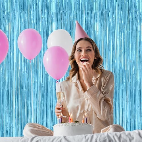 4 Pack Party Decorations, 3.28 FT x 7.05 FT Blue Foil Streamers, Metallic Sky Blue Backdrop Fringe Curtains Bithday Back Drop, Winter Backdrop for Party Supplies Door Decor Hanging