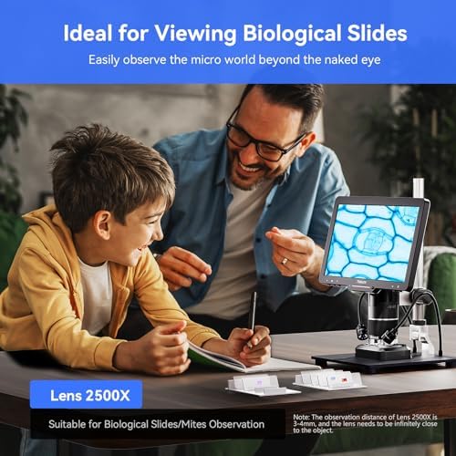 TOMLOV TriL110 3-Lens Digital Microscope: 10.1" 2500X 2K HDMI Coin Microscope Magnifier for Whole Coins with IPS Screen, LCD Soldering Microscopes for Adults, 14 LED Lights, PC/TV Compatible, 64GB