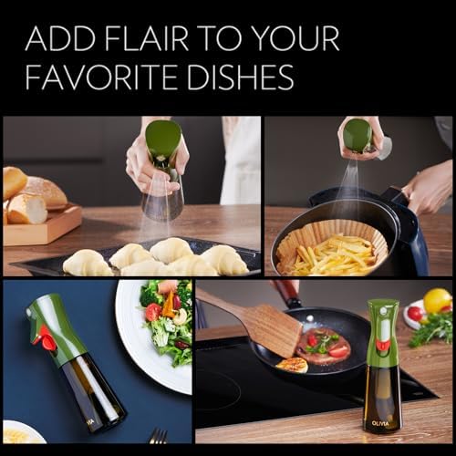 FLAIROSOL OLIVIA Oil Sprayer for Cooking, 200ml Glass Olive Oil Sprayer, Continuous Cooking Spray with Portion Control, Oil Dispenser for Kitchen, Air Fryer, Salad, BBQ (Green Bottle, Gold Print)