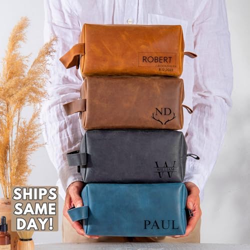 Personalized Leather Toiletry Bag for Men – Custom Engraved Shaving Dopp Kit with Name or Initial, Travel Gift for Groomsmen, Husband, Dad, Boyfriend, Birthday, Christmas, Anniversary, Gifts for Men