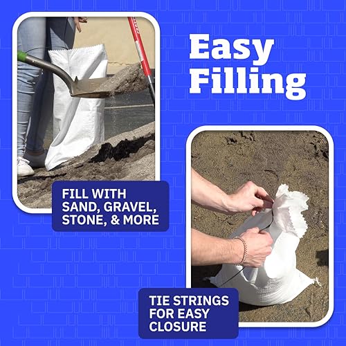 DURASACK Heavy Duty Sand Bags with Tie Strings Empty Woven Polypropylene Sand-Bags for Flood Control with 1600 Hours of UV Protection, 50 lbs Capacity, 14x26 inches, White, Pack of 20