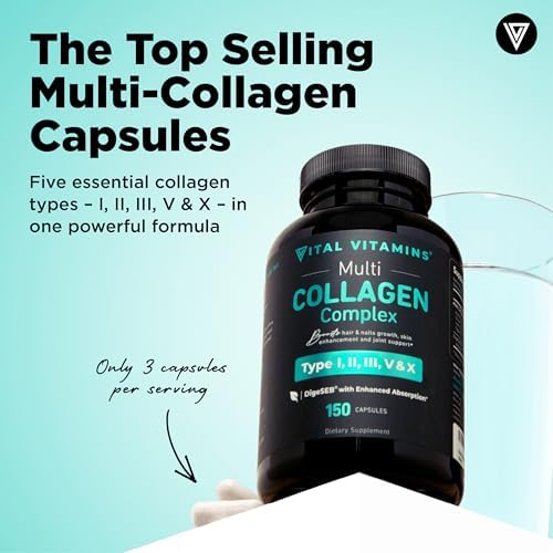 Vital Vitamins Multi Collagen for Women & Men - Type I, II, III, V, X - Grass Fed, Non-GMO - 150 Capsules