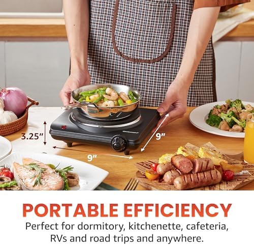 Elite Gourmet ESB-301BF# Countertop Single Cast Iron Burner, 1000 Watts Electric Hot Plate, Temperature Controls, Power Indicator Lights, Easy to Clean, Black