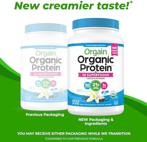 Orgain Organic Vegan Protein + 50 Superfoods Powder, Vanilla Bean - 21g Plant Based Protein, 8g Prebiotic Fiber, No Lactose Ingredients, Gluten Free, No Added Sugar, Non-GMO, 2.02 lb