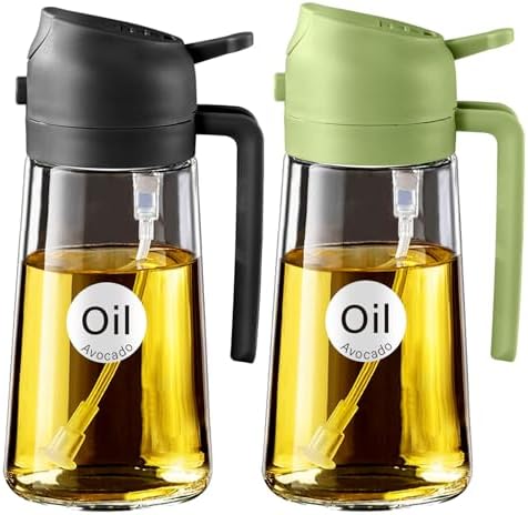 YARRAMATE Olive Oil Dispenser, 2 in 1 Oil Sprayer for Cooking, 16oz/470ml Glass Oil Spray Bottle with Pourer, Food-grade Oil Dispenser and Oil Sprayer for Kitchen, Salad, Frying, BBQ (Black & Green)