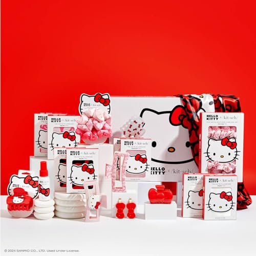 Hello Kitty x Kitsch Satin Heatless Hair Curler Set - Heatless Curls Overnight, Hair Rollers for Soft Curls & Frizz-Free Styling, No Heat Curlers To Sleep in, Curling Rod Headband - Pink Kitty Faces