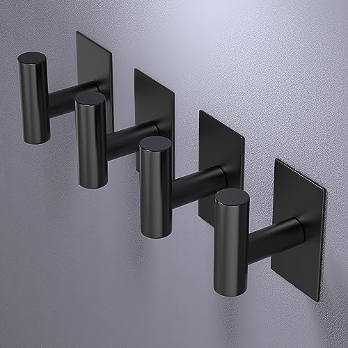 VAEHOLD Wall Towel Hooks, Heavy Duty Sticky Holder Waterproof Towel Hooks for Hanging Coat, Clothes, Closet Hook Wall Mount for Kitchen (Black, 4 Pack)