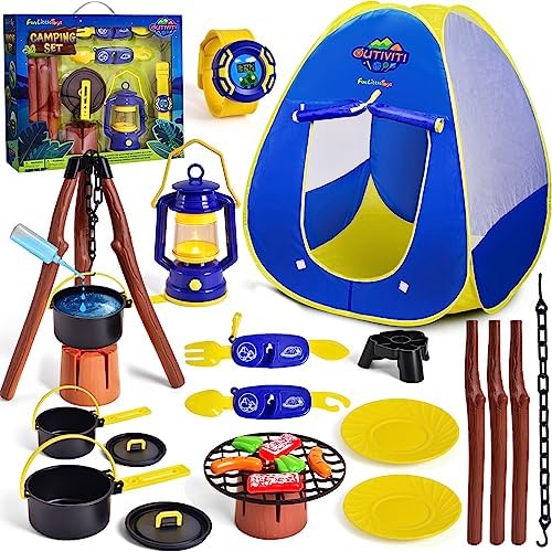 FUN LITTLE TOYS Kids Play Tent with Camping Toys, Toddler Tent with Battery Lantern, Kids Pop Up Tent Indoor Outdoor Toys Christmas Birthday Gifts for Boys