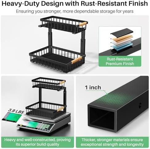 Under Sink Organizer, 2 Packs 2 Tier Under Sink Organizers and Storage, Slide Out Pull Out Cabinet Organizer Shelf, Metal Sliding Drawer for Kitchen Bathroom Pantry Cabinet Closet Organization Rack
