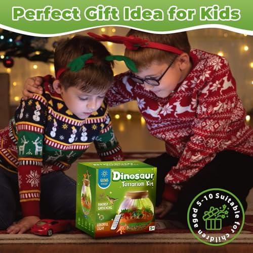 Dinosaur Light-Up Terrarium Kit for Kids - LED Night Light Birthday Gift for Boys Ages 4 5 6 7 8-12 Year Old - Dinosaur Toys for Boys - DIY Arts and Crafts Kit for Kids