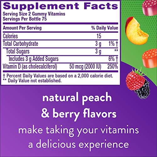 Vitafusion Fiber Well Sugar Free Fiber Supplement & Vitamin D3 Gummy Vitamins for Bone and Immune System Support, Peach, Blackberry and Strawberry Flavored, 50 mcg Vitamin D, 75 Day Supply, 150 Count