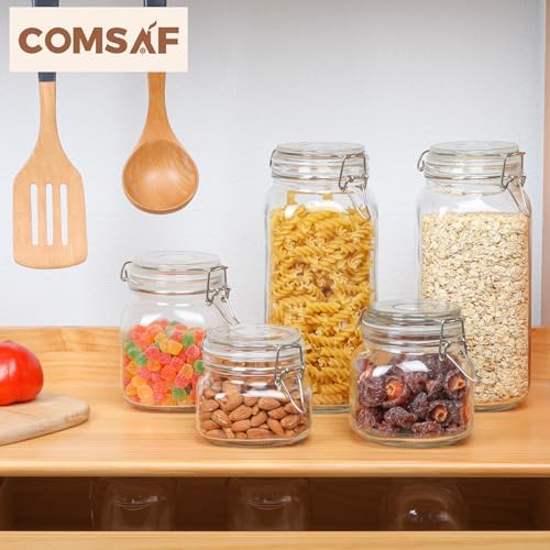 ComSaf Airtight Glass Canister Set of 3 with Lids 78oz Food Storage Jar Square - Storage Container with Clear Preserving Seal Wire Clip Fastening for Kitchen Canning Flour, Cereal, Pasta, Sugar, Beans