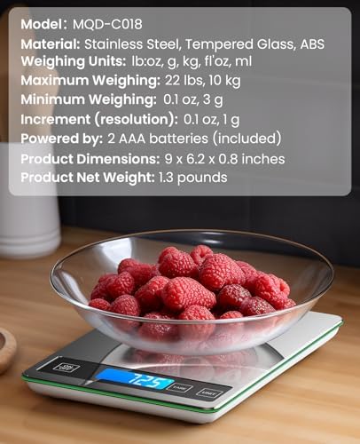 Nicewell Food Scale, 22lb Digital Kitchen Scale Weight Grams and oz for Cooking Baking, 1g/0.1oz Precise Graduation, Stainless Steel and Tempered Glass (Ash Silver)