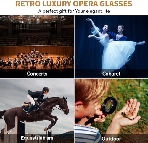 3X25 Opera Glasses for Women with Adjustable Handle & Chain,BK7 Optical Lens, Vintage Compact Mini Theater Binoculars Adults Kids in Opera Musical Concert-Black