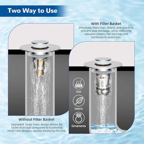 Hibbent 2 Pack 3 in 1 Bathroom Sink Drain Strainer, Universal Pop Up Stopper with Removable Stainless Steel Filter Basket Hair Catcher, Sink Plug for 1.1''~2.36'' Basin, Brass Bullet Core, Chrome