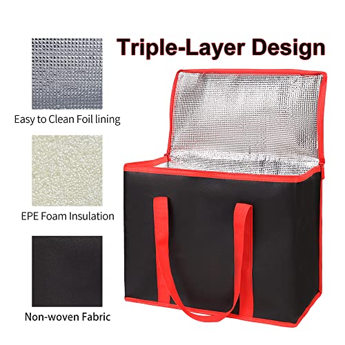 Bodaon 2-Pack Insulated Reusable Grocery Shopping Bags, X-Large Picnic Cooler Bag with Zipper Zippered Top Cold, Black with Red Edge