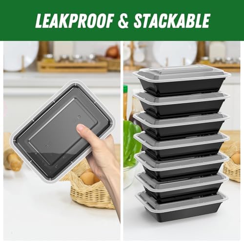 50 Pack (100-Piece) 32 oz Meal Prep Containers Reusable with Lids, Sturdy Leakproof & Food Safe, Microwave, Freezer, Dishwasher Safe Prep Containers, To Go Take Out Plastic Food Storage