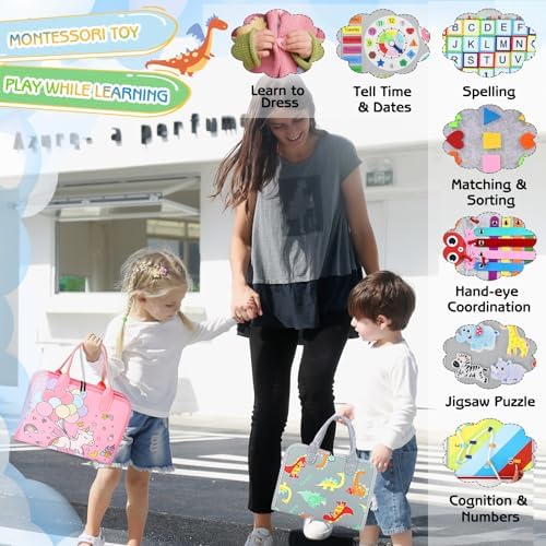 Esjay Toddler Busy Board Montessori Toys for Boys Girls, Sensory Board Educational Activities for Learning Fine Motor Skills, Birthday Gifts for Toddlers, Travel Toys for Airplane Car,Grey Dinosaur